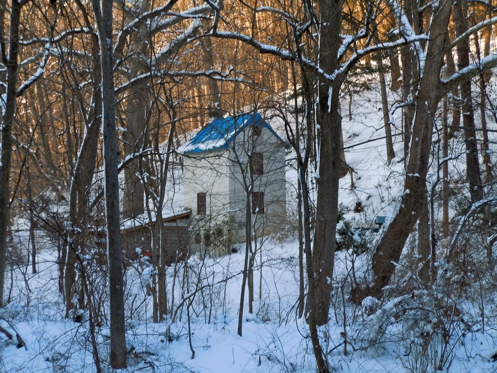 Snowy woods and a house near the Bishop Hollow Road entrance to Ridley Creek State Park