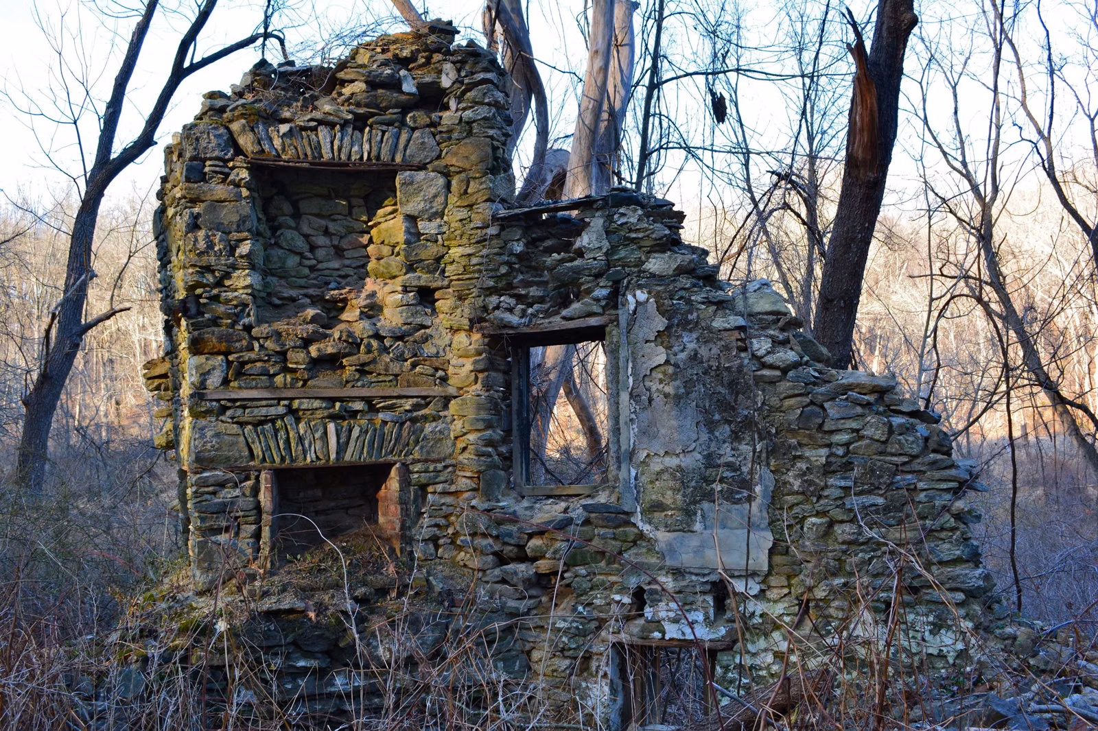 Stone ruins of a mill worker's cottage in the woods of Ridley Creek State Park